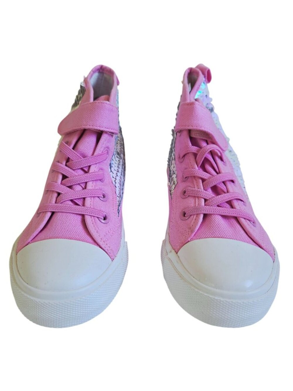 Girl High-Top Sneakers Canvas Sequins Light Pink White Size 3 Hook & Loop Strap